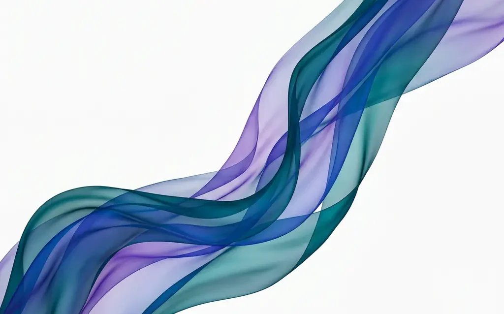 Translucent silk ribbons in teal, royal blue, and violet flowing in overlapping upward curves against a white background.