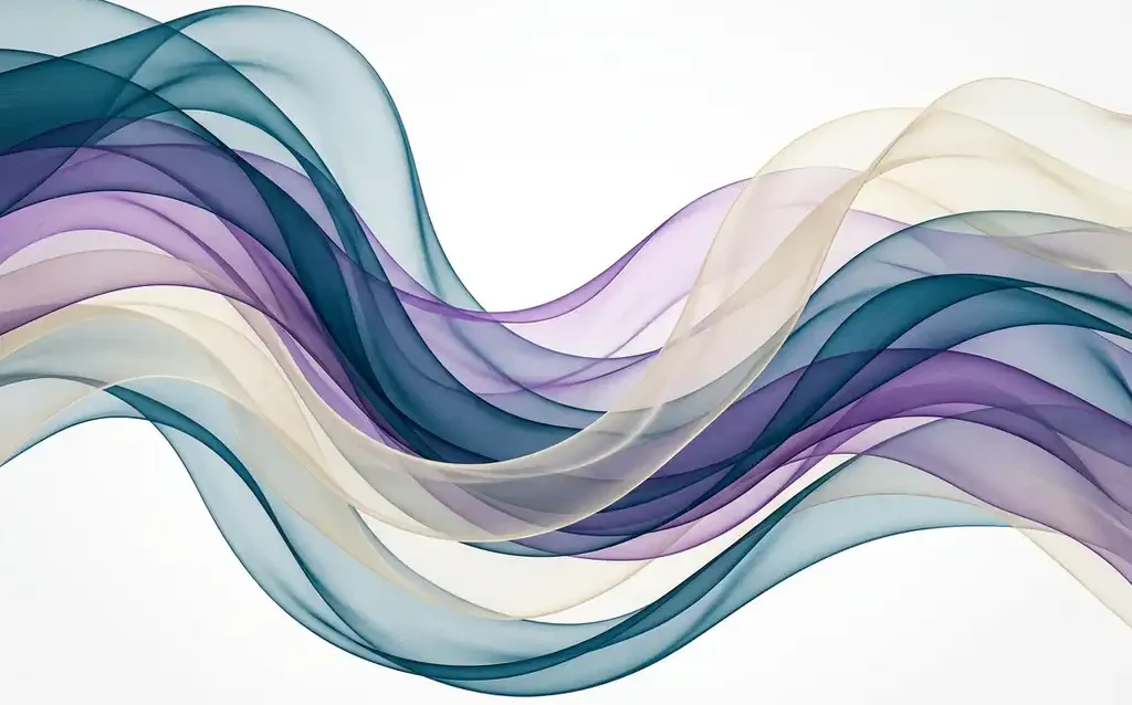 Translucent silk ribbons in teal, violet, and ivory flowing in overlapping organic curves against a white background, creating luminous layered depth.
