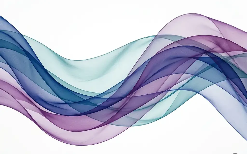 Päällekkäiset läpikuultavat silkkinauhat syvänsinisessä, tealissa ja violetissa värissä virtaavat orgaanisina kaarinä valkoisella taustalla.
