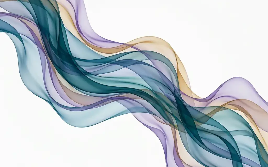 Translucent teal, blue, violet, and amber ribbons flowing in smooth overlapping waves against a white background.