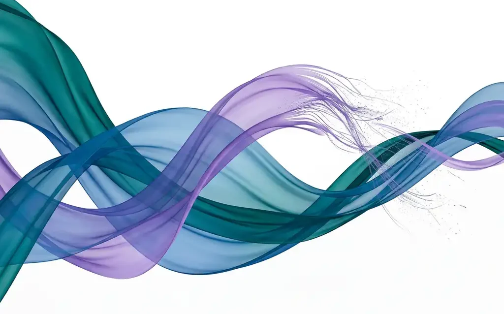 Translucent teal, blue, and violet ribbons flowing in organic waves, one fragmenting into dissolving filaments against a white background.