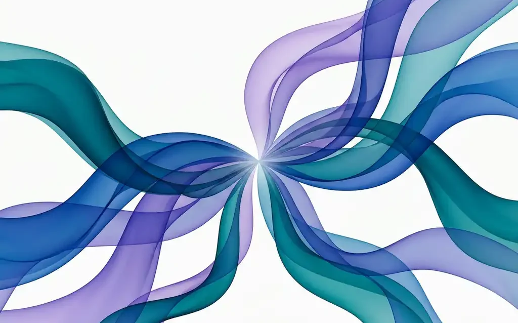 Layered translucent ribbons in teal, royal blue, and violet flowing outward from a central point on a white background.