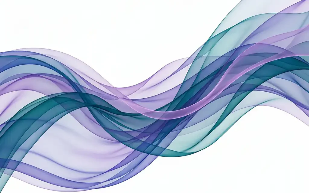 Translucent teal, royal blue, and violet ribbons flowing in layered organic waves across a white background with soft gradient transitions.