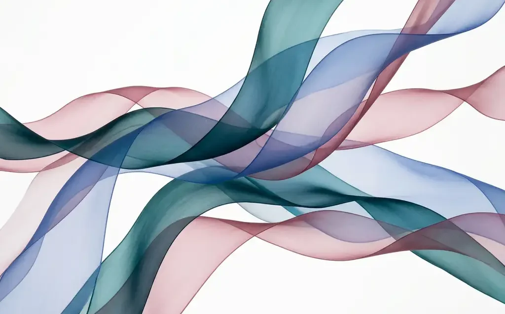 Translucent teal, cobalt blue, and dusty rose ribbon waves layering over a white background with luminous depth and silk-like curves.