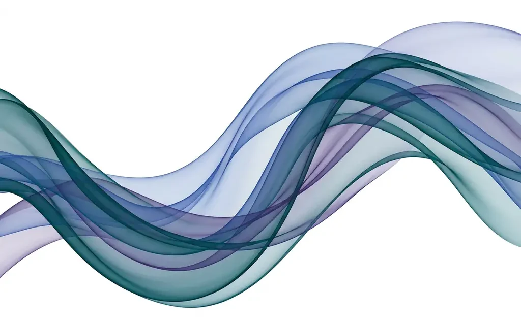 Translucent teal, cobalt, and violet ribbons flowing in layered organic waves against a white background, creating luminous depth through overlapping curves.