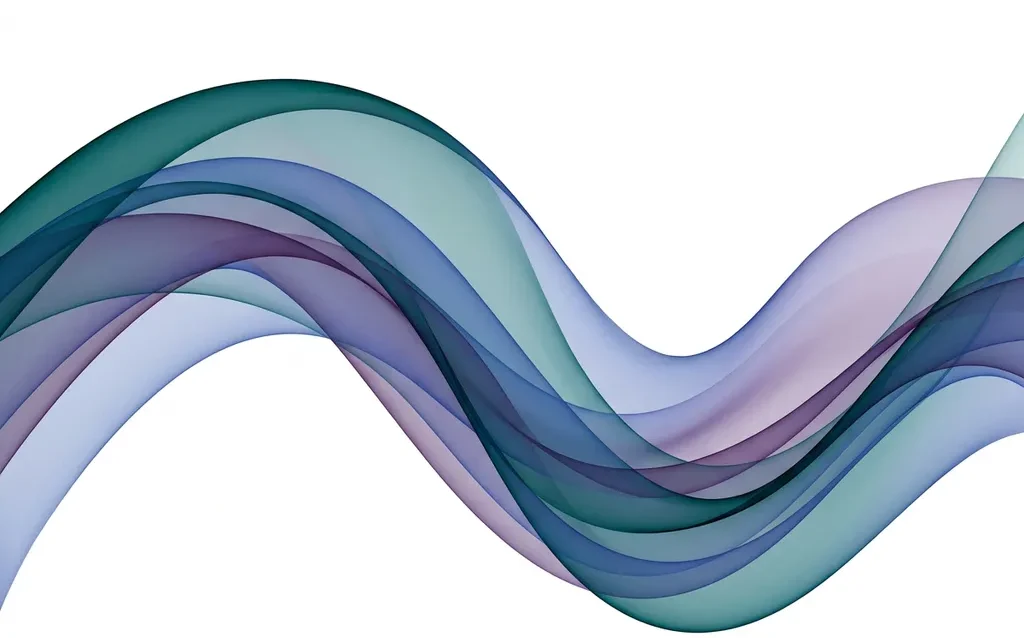 Translucent teal, cobalt blue, and violet ribbons flowing in smooth overlapping waves across a white canvas, creating depth through layered transparency.