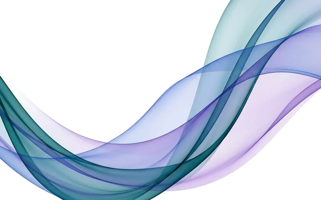 Translucent teal, cobalt blue, and violet ribbons flowing in smooth overlapping waves against a white background, creating luminous depth.