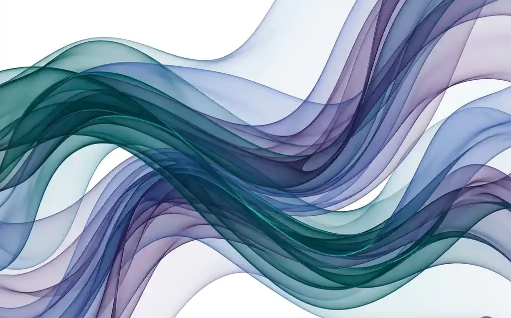 Translucent teal, cobalt blue, and violet ribbons flowing in layered overlapping waves against a white background.