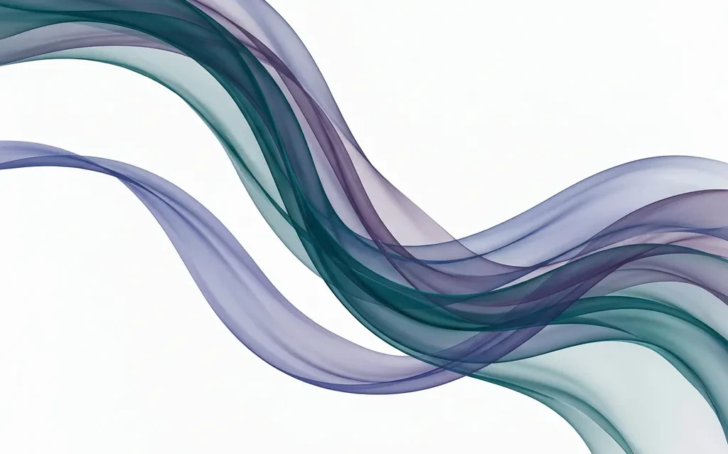 Translucent teal, indigo, and violet ribbons flowing in smooth organic curves, one diverging from the others against a white background.