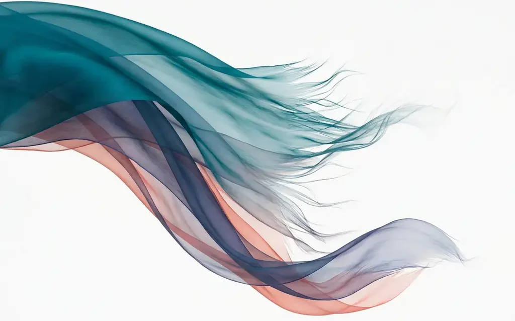 Translucent teal ribbon dissolving into wispy threads, overlapping indigo and coral layers creating depth against white space.