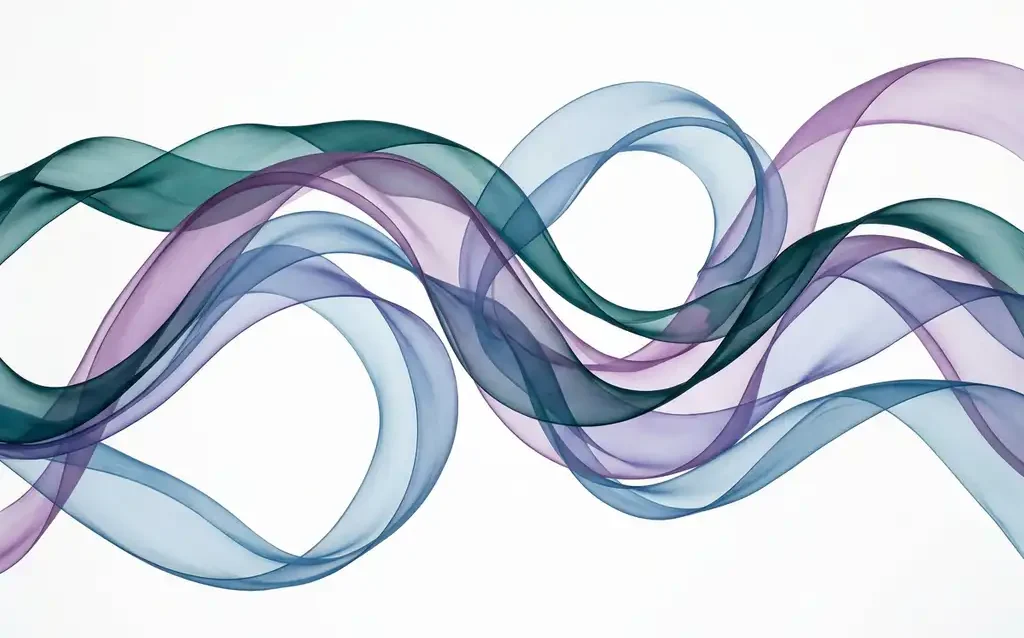 Translucent teal, violet, and blue ribbon waves interweaving in smooth organic arcs across a white background, creating luminous layered depth.