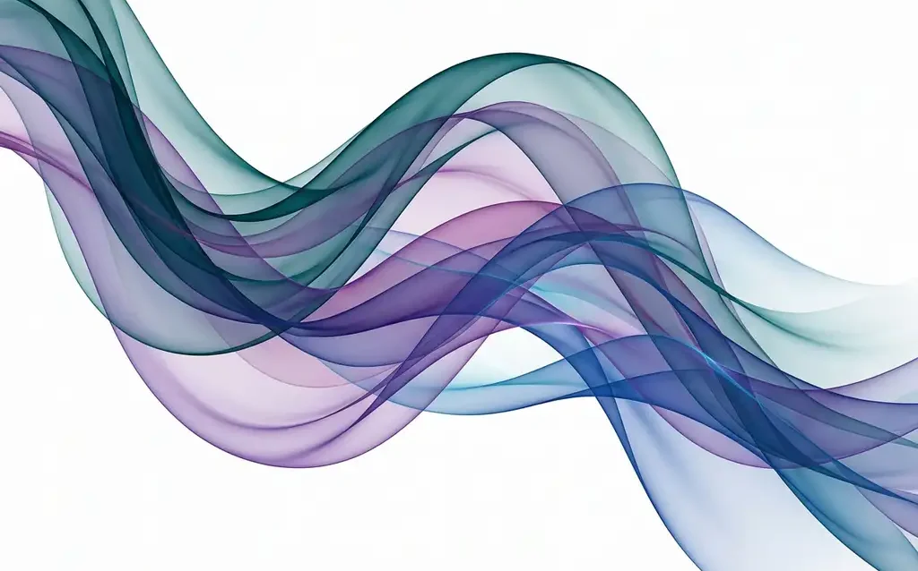 Translucent teal, violet, and sapphire ribbons flowing in smooth overlapping waves against a white background, creating luminous layered depth.