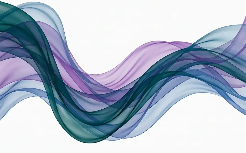 Translucent teal, violet, and blue ribbon waves overlapping in smooth organic curves against a white background, creating layered depth through transparency.