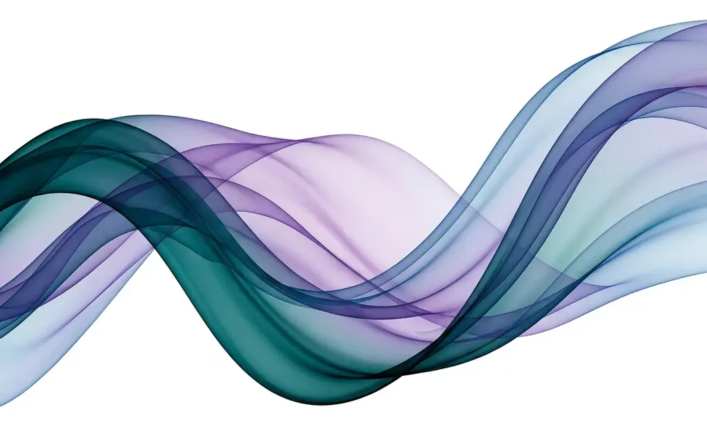 Translucent teal, violet, and blue ribbons flowing in overlapping organic waves across a white background, creating layered depth and luminous color gradients.