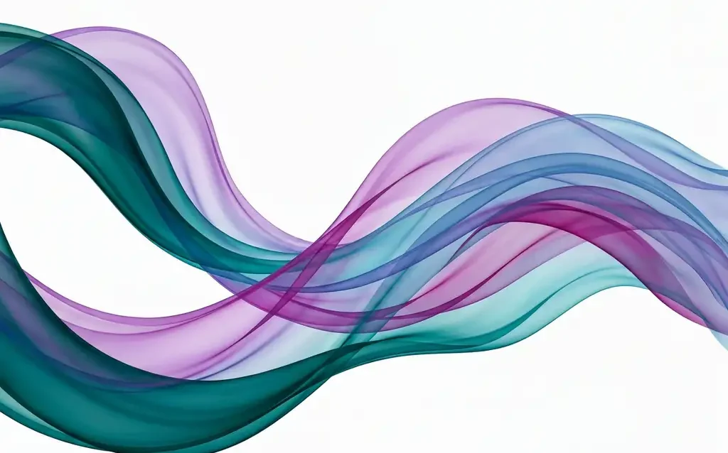 Translucent teal, violet, and blue ribbon waves overlapping in smooth organic curves against a white background, creating luminous depth.