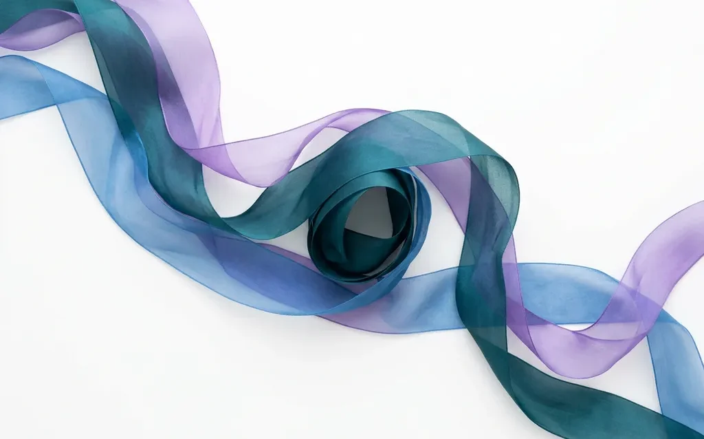 Translucent teal, violet, and blue ribbon layers flowing in organic waves on white, one ribbon curling inward to create luminous depth.
