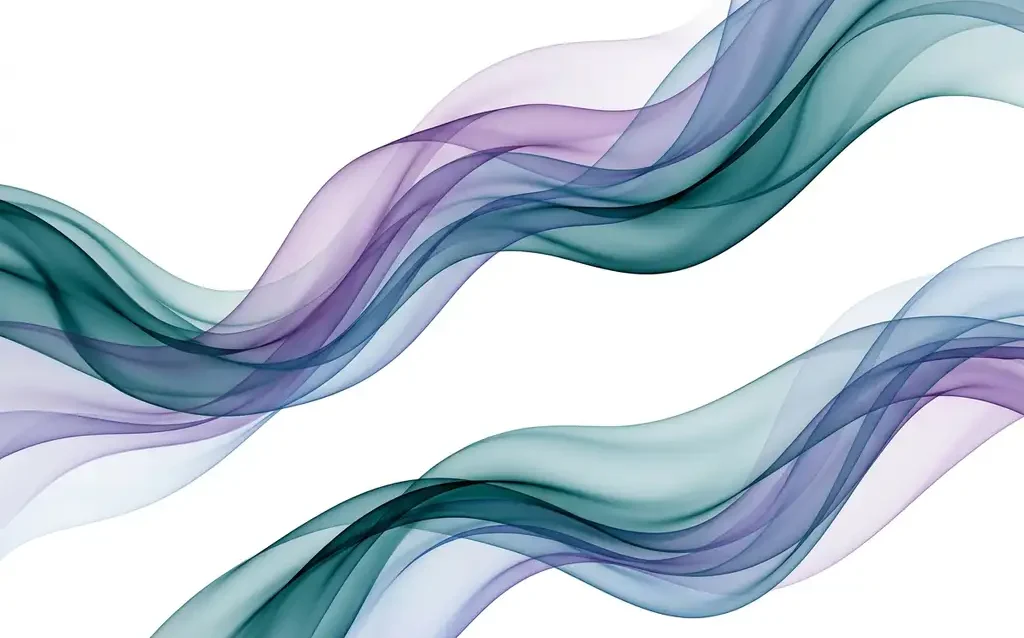Translucent teal, violet, and blue silk-like ribbons flowing in layered organic waves against a white background, creating luminous depth through overlapping transparency.