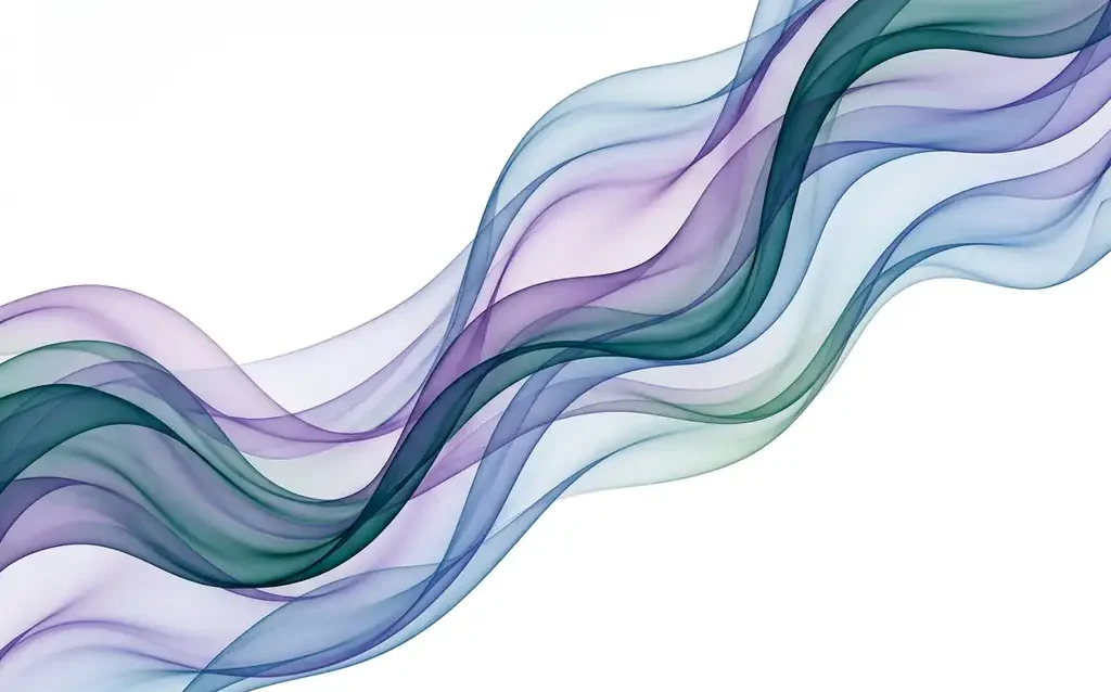 Translucent teal, violet, and blue ribbons flowing in smooth overlapping waves against a white background, resembling silk with luminous depth.