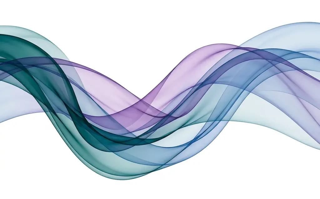 Translucent teal, violet, and blue ribbons flowing in smooth overlapping waves against a white background, suggesting fluid motion and depth.