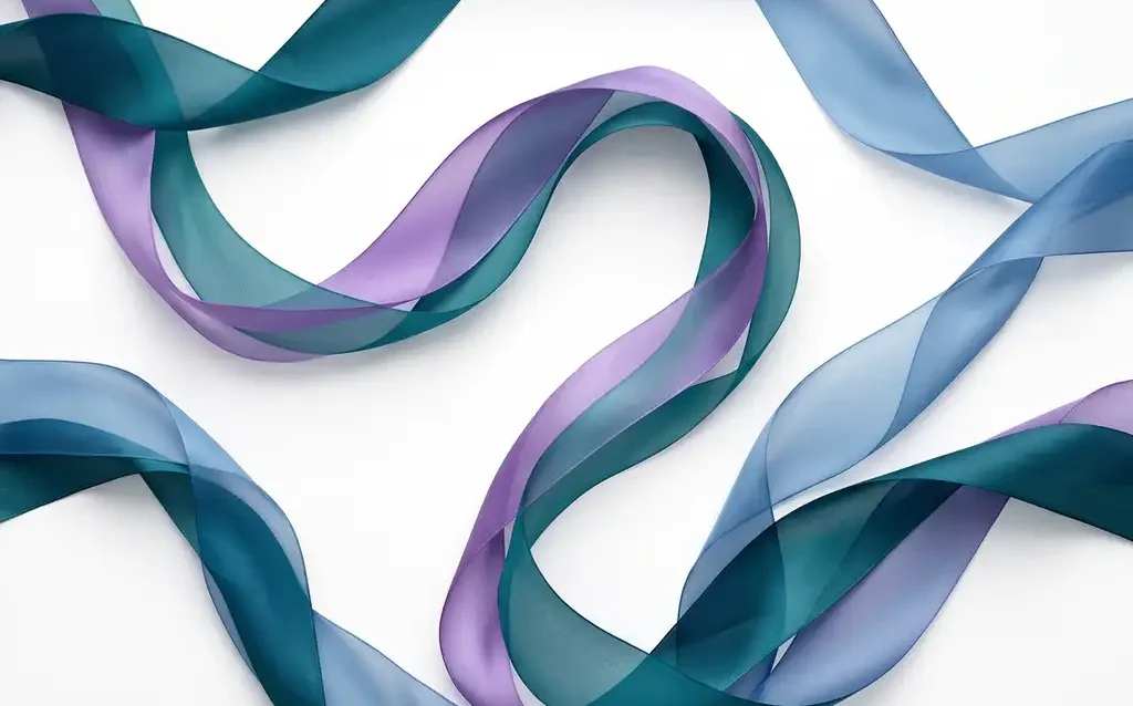 Translucent teal, violet, and blue ribbons flowing in organic waves on a white background, one curling into a question-mark arc at center.