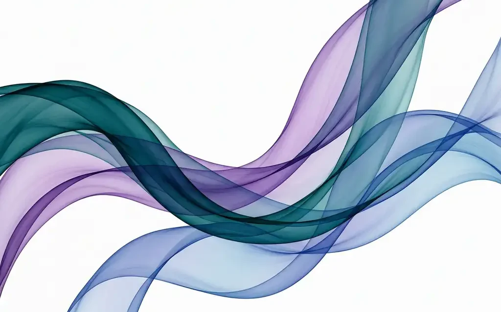 Translucent teal, violet, and blue ribbons flowing in smooth overlapping waves against a white background, creating luminous layered depth.
