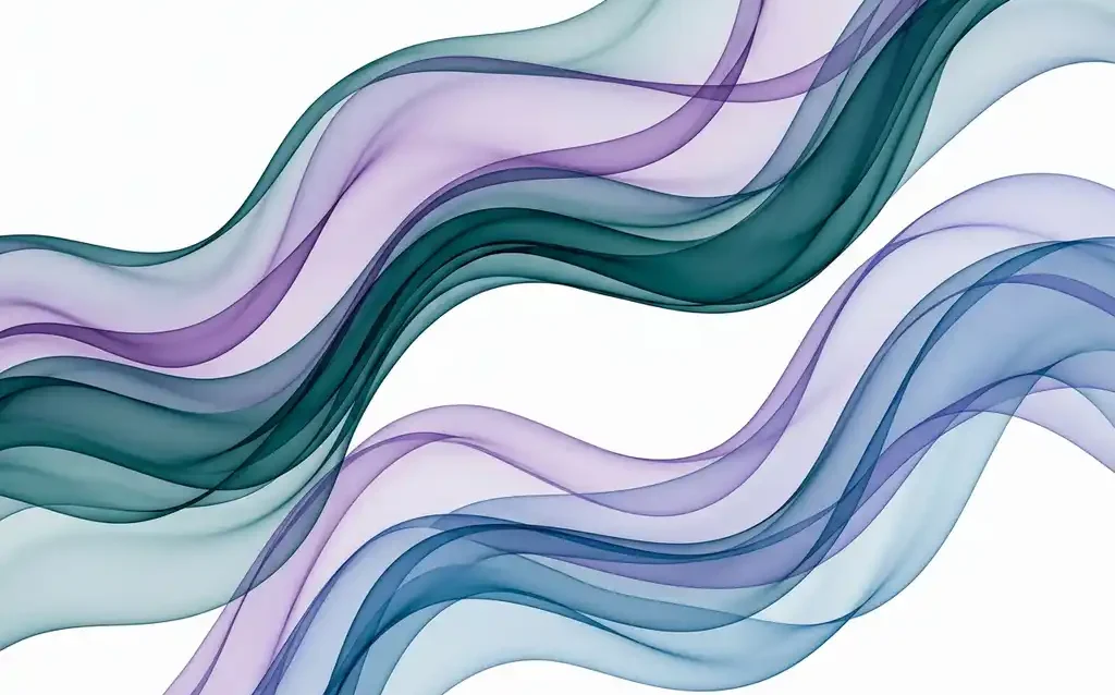 Translucent teal, violet, and blue ribbon-like waves flowing in smooth organic curves against a white background, creating luminous layered depth.