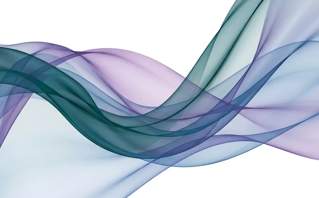 Translucent teal, violet, and blue ribbons flowing in organic waves across a white background, overlapping to create luminous depth.