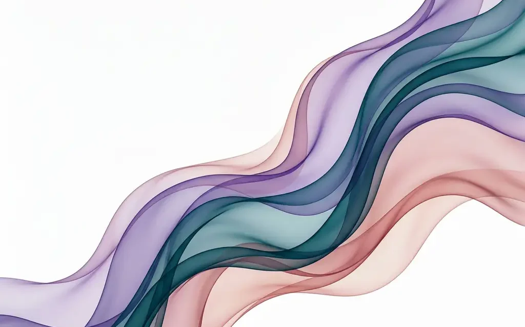 Translucent teal, violet, and blush ribbons flowing in smooth overlapping waves against a white background, creating luminous depth.