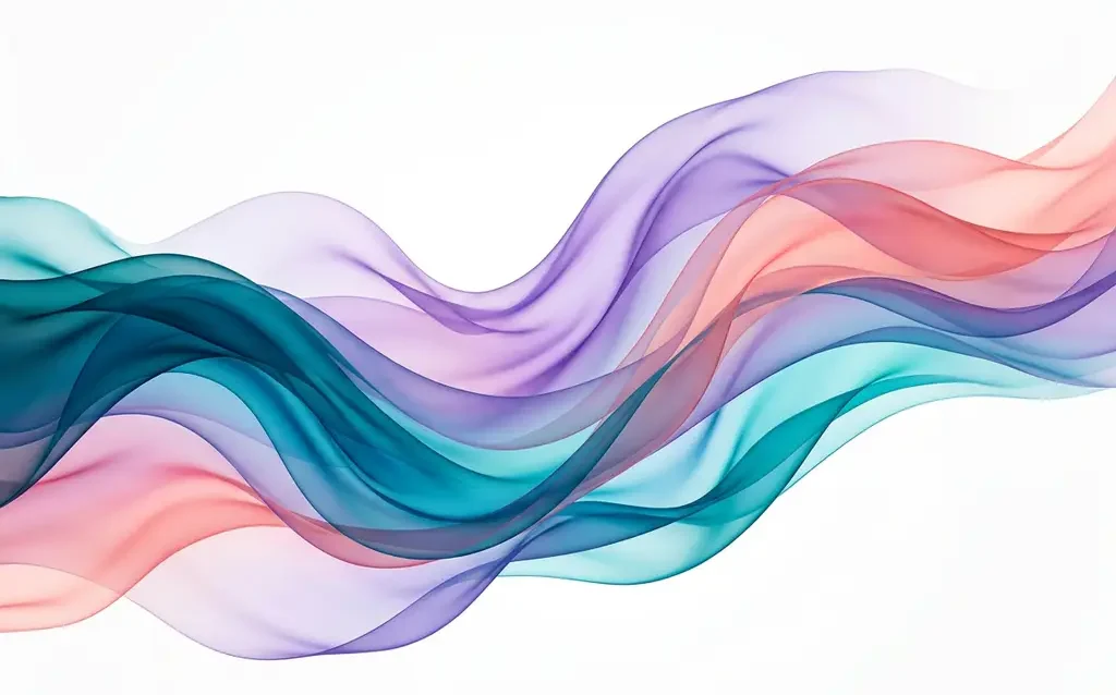 Flowing translucent silk ribbons in deep teal, violet, and blush pink overlap with luminous gradients against white negative space.