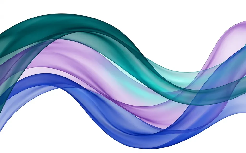 Translucent teal, violet, and cobalt blue ribbon waves flowing in smooth organic curves against a white background with layered depth.