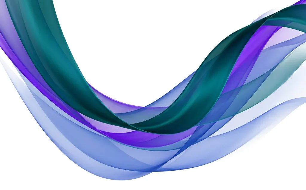Translucent teal, violet, and cobalt blue ribbons curving in opposing arcs on white, overlapping to create layered depth and suggest strategic transition.