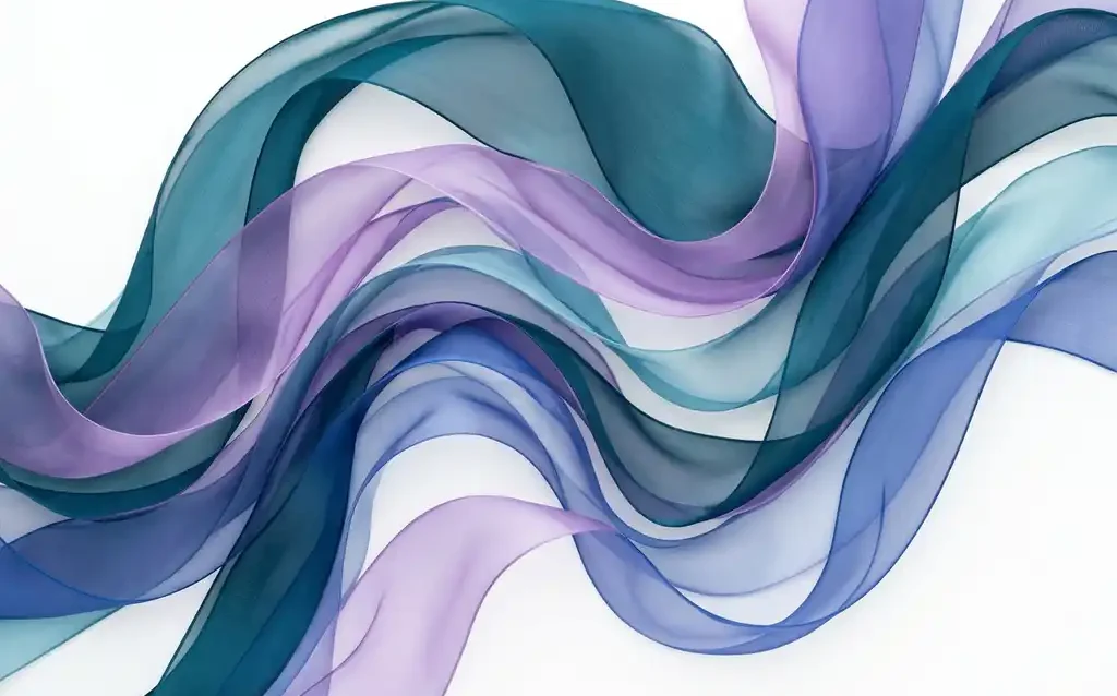 Translucent teal, violet, and cobalt ribbon waves overlapping in smooth organic curves against a white background, creating luminous depth.