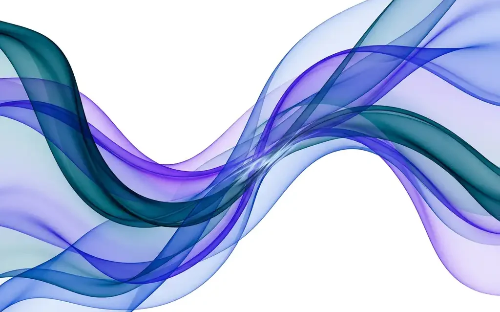 Translucent teal, violet, and cobalt ribbons flowing organically on white, overlapping with silk-like transparency and converging toward a central point.