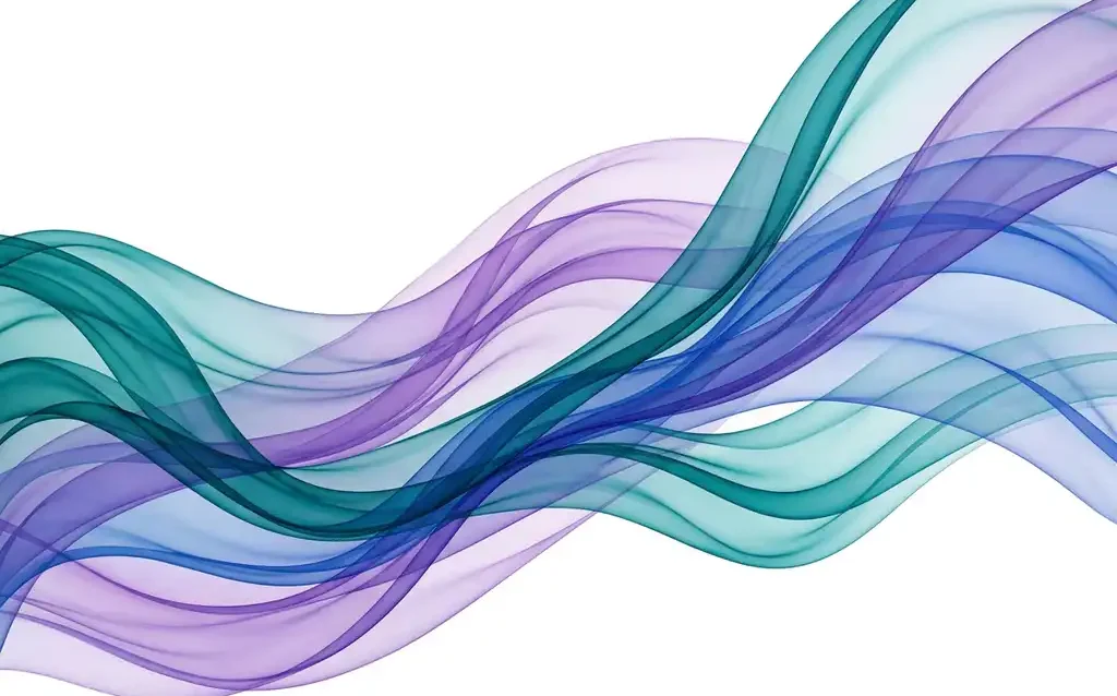 Translucent teal, violet, and cobalt blue ribbons flowing in smooth organic waves against a white background, creating layered silk-like depth.