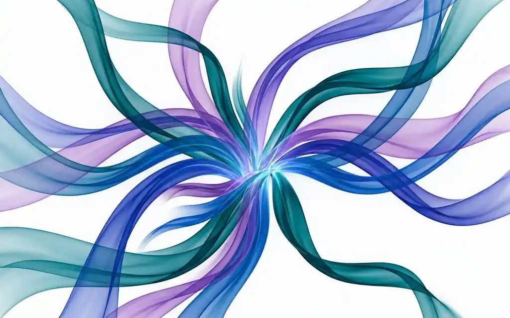 Translucent teal, violet, and cobalt blue ribbon arcs branching from a central point, overlapping with luminous depth against white space.