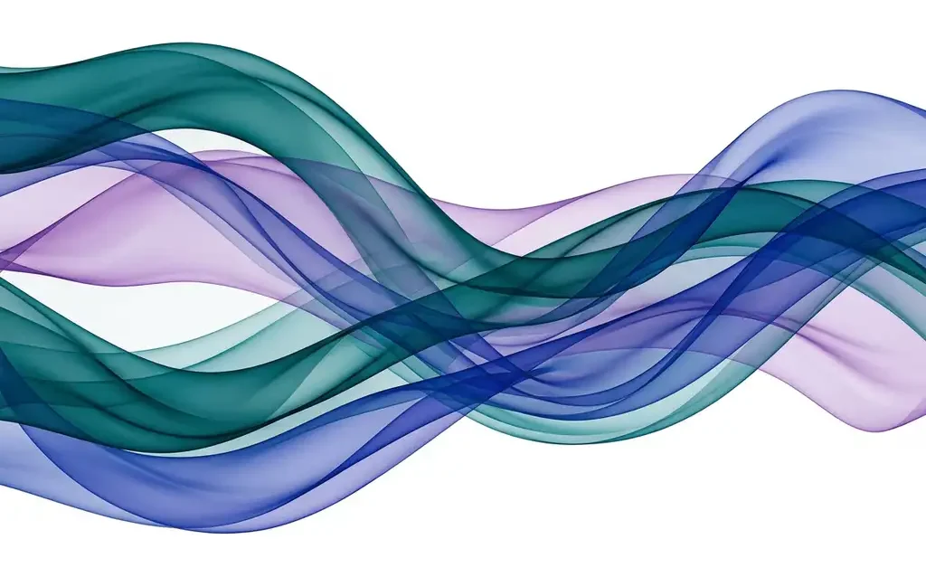 Translucent ribbons in teal, violet, and cobalt blue flowing in layered organic waves across a white background with luminous depth.