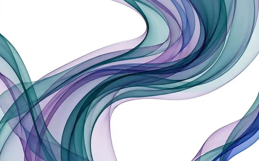 Translucent teal, violet, and cobalt ribbon waves layered in smooth organic curves against a white background, creating luminous depth through transparency.