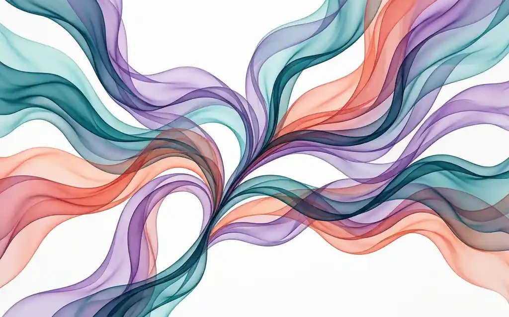 Translucent teal, violet, and coral ribbons flowing in layered organic waves across a white canvas, creating luminous depth through overlapping transparency.