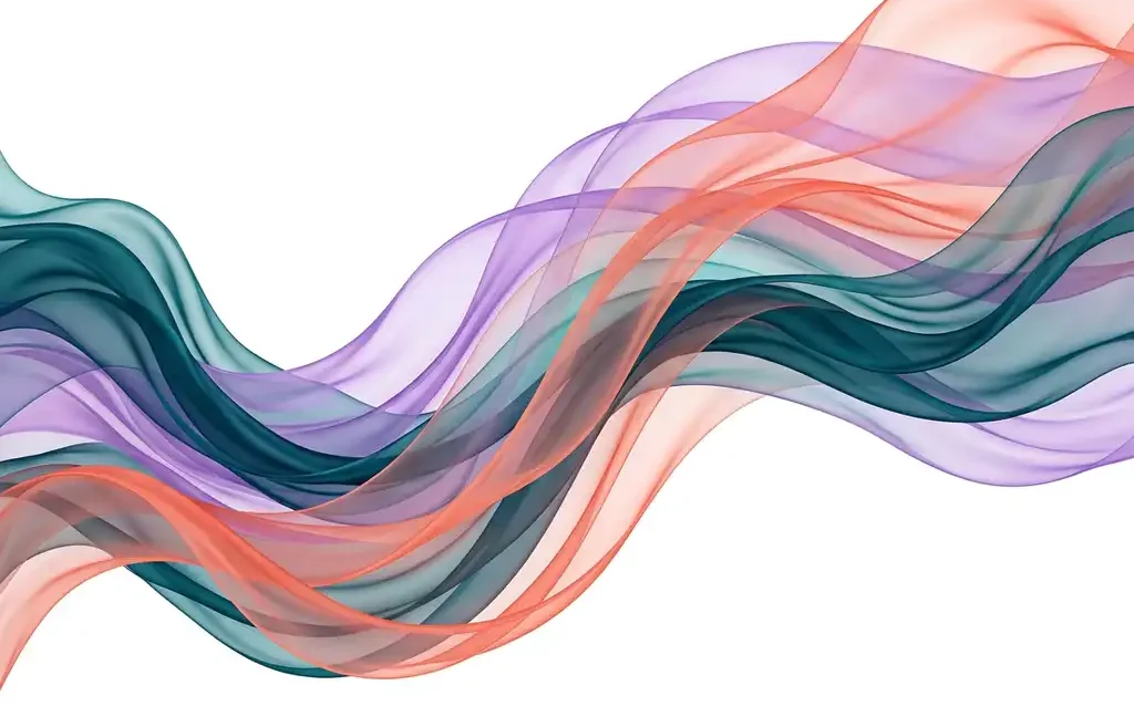 Translucent teal, violet, and coral ribbon waves layered over white canvas, creating luminous depth through overlapping transparency and smooth gradients.