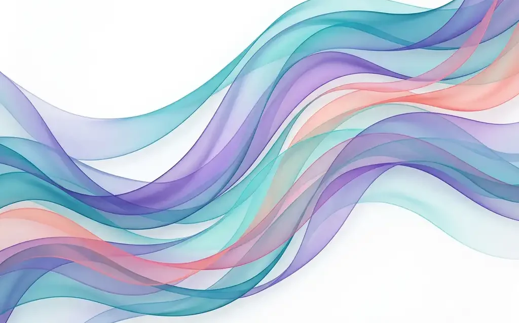 Translucent teal, violet, and coral ribbons flowing in layered organic waves across a white background, creating elegant depth through silk-like overlap.