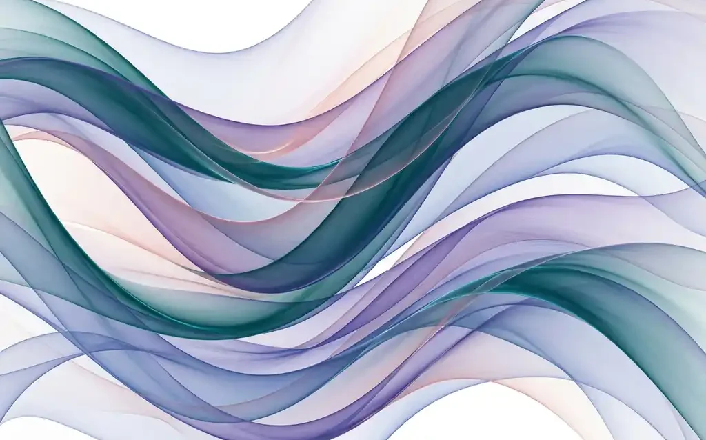 Translucent ribbon waves in teal, violet, and periwinkle blue flow across a white canvas, creating luminous layered depth with blush accents.