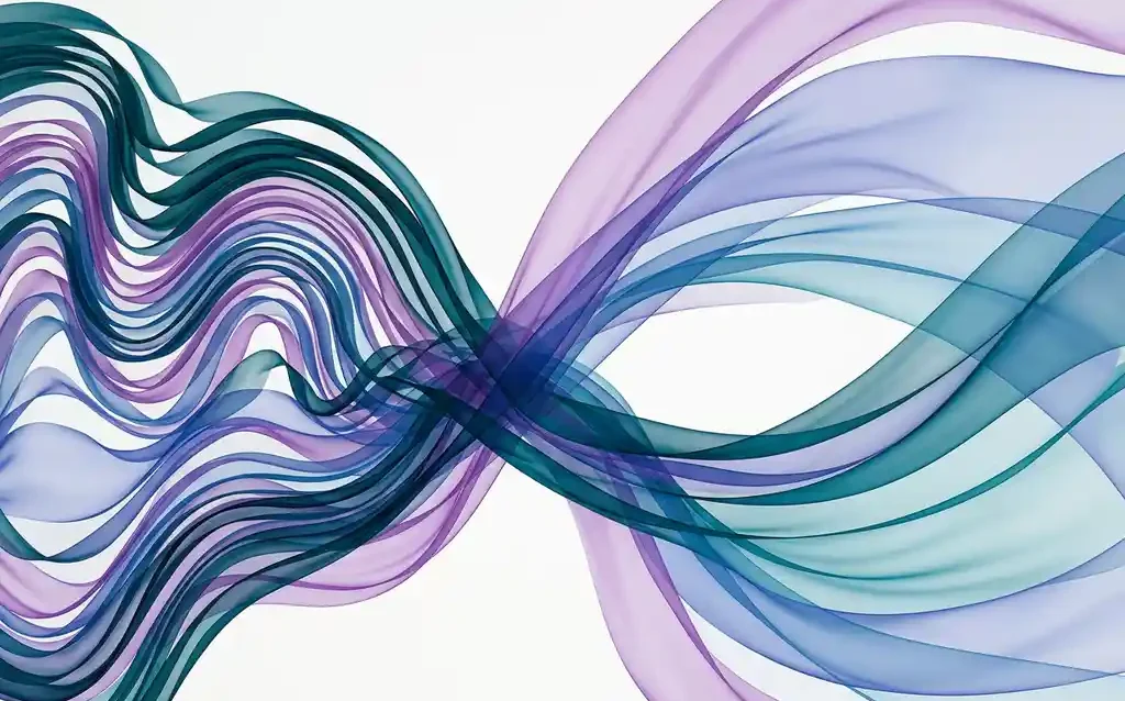 Translucent teal, violet, and blue ribbons flowing in contrasting tight and expansive patterns, converging on a white canvas with layered depth.