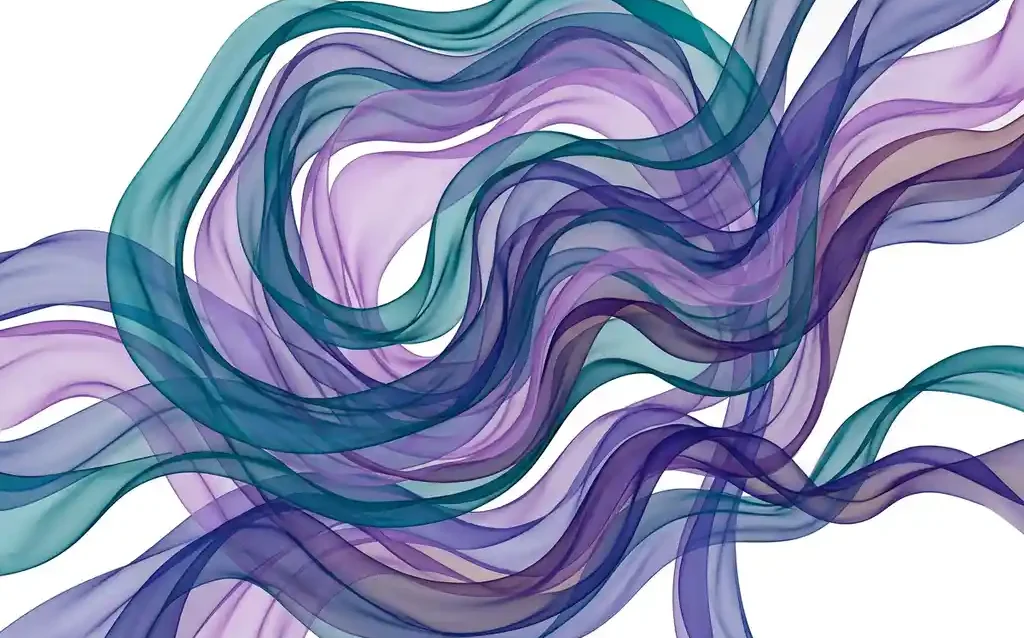 Translucent teal, violet, and indigo ribbons flowing in concentric organic waves, radiating from a central cluster with luminous layered depth.
