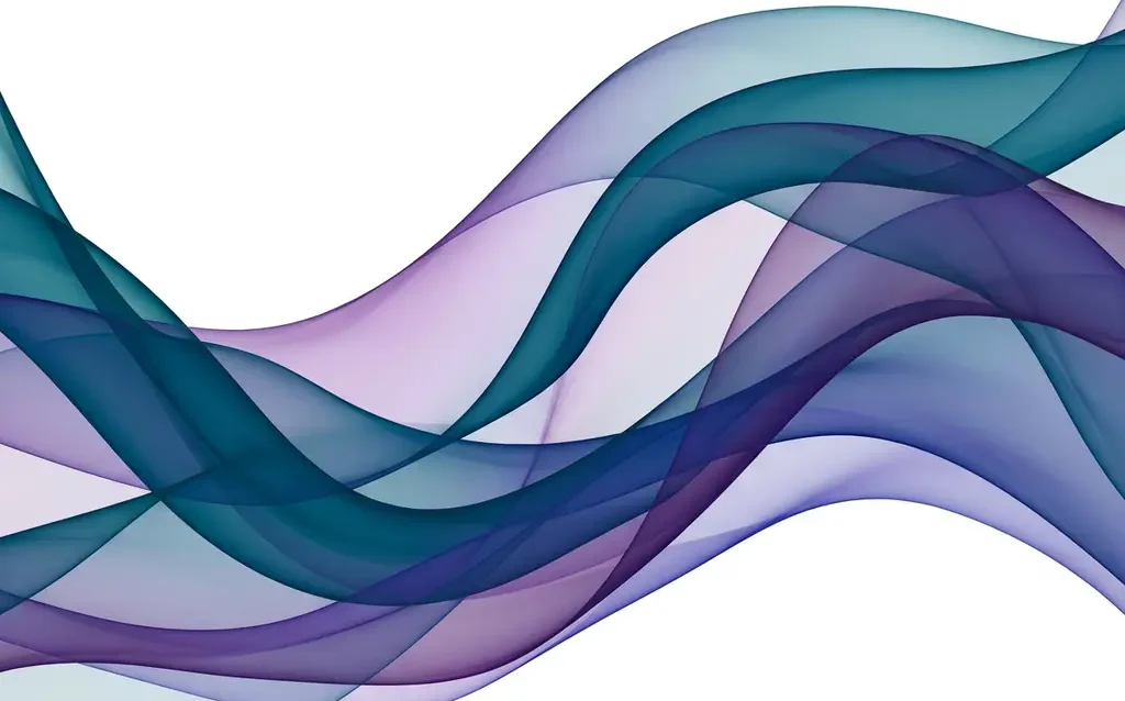 Translucent teal, violet, and indigo ribbon waves flowing in organic curves against a white background, creating layered depth through overlapping transparency.