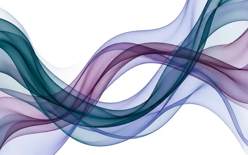 Translucent teal, violet, and periwinkle ribbons flowing in organic waves across a white background, overlapping to create luminous depth.
