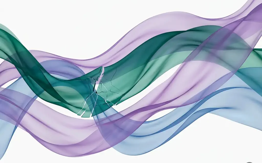Abstract digital artwork of layered translucent teal, violet, and blue ribbons flowing in organic waves, with one sharp angular fracture disrupting the fluid curves.