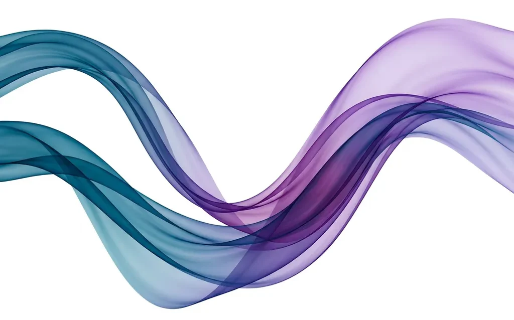 Teal-blue and violet-purple ribbon streams merging into one fluid curve, with silky transparency creating layered depth on white background.