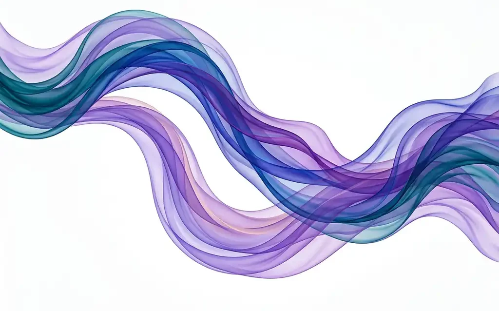 Teal and violet translucent ribbon streams diverging then merging into a unified wave, symbolizing convergence and strategic unity.