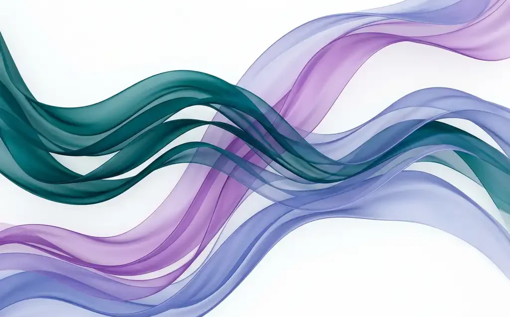Translucent teal, violet, and periwinkle ribbon waves flowing across a white background, overlapping to create luminous depth and elegant curvature.