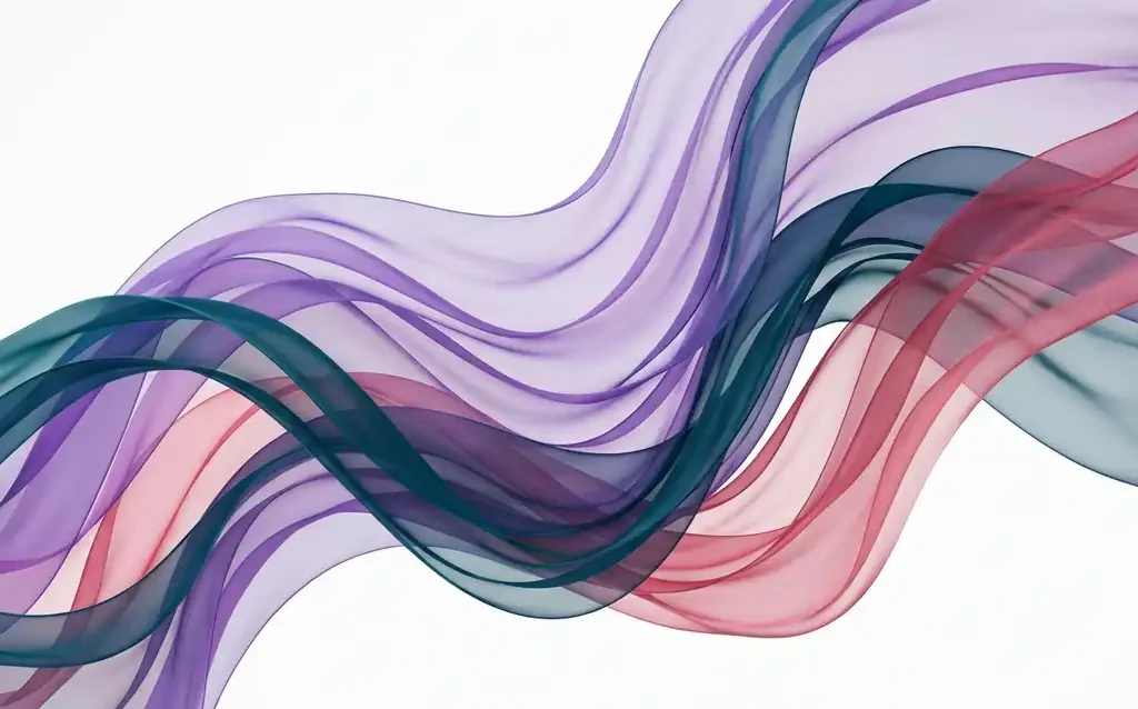 Translucent teal, violet, and rose ribbon waves overlapping in fluid curves against a white background, creating luminous layered depth.